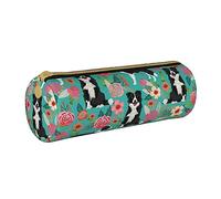 AABSTBFM Border Collie Florals Printed Round Pencil Case Cute Leather Zipper Pen Pencil Pouch Bag for School, Office, and Travel