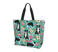 AABSTBFM Border Collie Florals Printed Shopping Bags For Women Ladies Girls - Large Reusable Waterproof Shoulder Tote Bag, Grocery Bags, Shopper Handbag, And Beach Bag