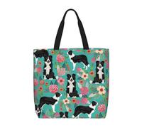 AABSTBFM Border Collie Florals Printed Zipper Tote Bags Shopping Bags - Reusable Shoulder Bag Grocery Bags Shopper Handbag Toy Bag For Work School Travel Beach