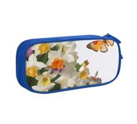 AABSTBFM Butterflies Narcissus Flowers Printed Pencil Case Pen Pouch Bag with Zipper, Blue Large Capacity Pencil Box for School, Office, Travel