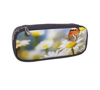 AABSTBFM Butterfly On Flowers Printed Leather Pencil Case - Multi-Purpose Pen Bag and Makeup Pouch for School, Office, and Travel