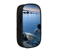 AABSTBFM Calm Sea and Rocks Printed Pencil Case Large Capacity Compartment Pencil Pen Pouch Bag with Zipper for School Office Travel, Black