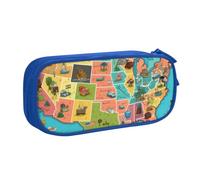 AABSTBFM Cartoon American Map Printed Pencil Case Pen Pouch Bag with Zipper, Blue Large Capacity Pencil Box for School, Office, Travel