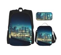 AABSTBFM City Night Balcony Skyscrapers Printed School Backpack Set with Lunch Bag and Pencil Case, Travel Daypacks School Bag 3pcs Set