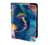 AABSTBFM Colored Jellyfish Printed Passport Holder 5.5 in, Leather Travel Passport Cover Card Case Wallet for Women Men