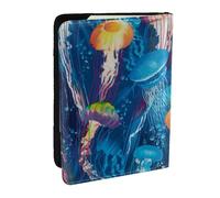 AABSTBFM Colored Jellyfish Printed Passport Holder 6.5 in, Leather Travel Passport Cover Card Case Wallet for Women Men