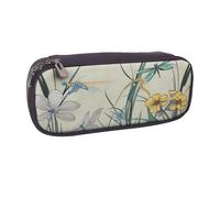 AABSTBFM Dragonflies on Flowers and Branches Printed Leather Pencil Case - Multi-Purpose Pen Bag and Makeup Pouch for School, Office, and Travel