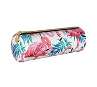 AABSTBFM Flamingo Bird Green Leaf Printed Round Pencil Case Cute Leather Zipper Pen Pencil Pouch Bag for School, Office, and Travel