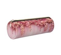 AABSTBFM Floral Wall Pink Rose Printed Round Pencil Case Cute Leather Gold Zipper Pen Pencil Pouch Bag for School, Office, and Travel