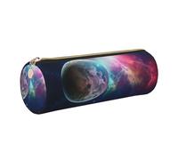 AABSTBFM Galaxy Moon Space Printed Round Pencil Case Cute Leather Gold Zipper Pen Pencil Pouch Bag for School, Office, and Travel
