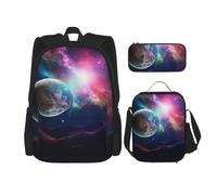 AABSTBFM Galaxy Moon Space Printed School Backpack Set with Lunch Bag and Pencil Case, Travel Daypacks School Bag 3pcs Set