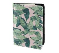 AABSTBFM Green Palm Tree Leaves Pink Printed Passport Holder 5.5 in, Leather Travel Passport Cover Card Case Wallet for Women Men