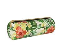 AABSTBFM Hojas Tropicales Y Flores Printed Round Pencil Case Cute Leather Zipper Pen Pencil Pouch Bag for School, Office, and Travel