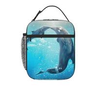 AABSTBFM Kiss Dolphin Tale Pattern Printed Insulated Lunch Tote Bag - Portable Thermal Cooler Cooling Tote Lunch Box for Adult Men Women