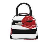 AABSTBFM Lips Printed in Black and White Stripes Printed Insulated Lunch Bag for Men Women Waterproof Cooler Lunch Boxes Lunch Tote Bag
