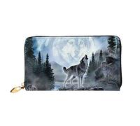 AABSTBFM Moon Wolf Printed Leather Wallet for Men Women Zipper Purse Clutch Bag Long Wallet with 12 Card Holder and 3 Banknote Compartments,Id Window, Coin Pocket Wallets for Mens Gift