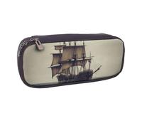 AABSTBFM Old Pirate Ship in The Sea Printed Leather Pencil Case - Multi-Purpose Pen Bag and Makeup Pouch for School, Office, and Travel