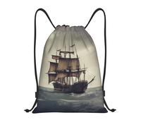 AABSTBFM Old Pirate Ship in The Sea Printed Lightweight Drawstring Backpack | S - String Backpack Bags For Gym, Travel, Shopping, School