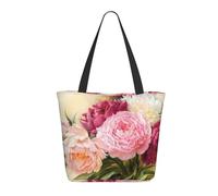 AABSTBFM Peony Flowers Blossom Printed Shopping Bags For Women Ladies Girls - Reusable Zipper Shoulder Tote Bag, Grocery Bags, Shopper Handbag, And Beach Bag