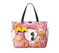 AABSTBFM Pink Word Cartoon Donut Printed Beach Tote Bag Travel Bags, Reusable Shoulder Bag Grocery Bags Shopper Handbag Toy Bag for Work School Travel Beach