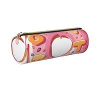 AABSTBFM Pink Word Cartoon Donut Printed Round Pencil Case Cute Leather Gold Zipper Pen Pencil Pouch Bag for School, Office, and Travel