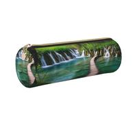 AABSTBFM plitvice Lakes National Park Printed Round Pencil Case Cute Leather Gold Zipper Pen Pencil Pouch Bag for School, Office, and Travel