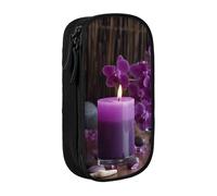 AABSTBFM Purple Flowers and Candles Printed Pencil Case Large Capacity Compartment Pencil Pen Pouch Bag with Zipper for School Office Travel, Black