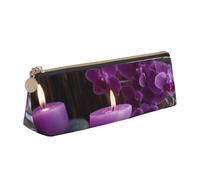 AABSTBFM Purple Flowers and Candles Printed Triangle Pencil Case Cute Leather Zipper Pen Pencil Pouch Bag for School, Office, and Travel