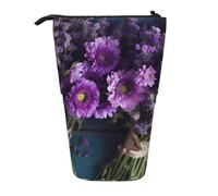 AABSTBFM Purple Flowers Bouquets Printed Pencil Case - Telescopic Standing Pen Bag and Makeup Pouch for School, Office, Travel