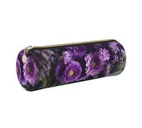 AABSTBFM Purple Flowers Bouquets Printed Round Pencil Case Cute Leather Gold Zipper Pen Pencil Pouch Bag for School, Office, and Travel