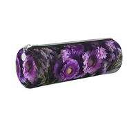 AABSTBFM Purple Flowers Bouquets Printed Round Pencil Case Cute Leather Silver Zipper Pen Pencil Pouch Bag for School, Office, and Travel