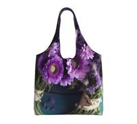 AABSTBFM Purple Flowers Bouquets Printed Womens Tote Bags Shopping Bags, Reusable Canvas Shoulder Grocery Bags Shopper Handbag Toy Bag for Work School Travel Beach