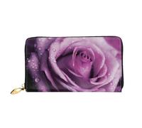 AABSTBFM Purple Wet Roses Printed Leather Wallet for Women Men Zipper Purse Clutch Bag Long Wallet Card Holder