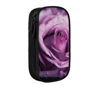AABSTBFM Purple Wet Roses Printed Pencil Case Large Capacity Compartment Pencil Pen Pouch Bag with Zipper for School Office Travel, Black