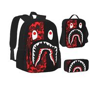 AABSTBFM Red-Black Shark School Bookbags Set with Lunch Bag Pencil Case, Travel Laptop Backpack School Bag 3pcs Set