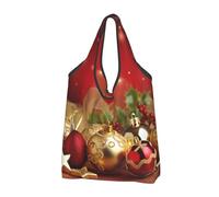 AABSTBFM Red Gold Christmas Printed Foldable Shopping Bag 3 PCS, Reusable Waterproof Grocery Bag Large Tote Bag, Shopper Handbag, And Beach Bag