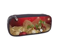 AABSTBFM Red Gold Christmas Printed Leather Pencil Case - Multi-Purpose Pen Bag and Makeup Pouch for School, Office, and Travel