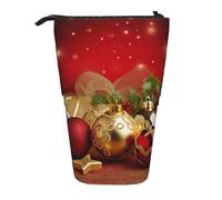 AABSTBFM Red Gold Christmas Printed Pencil Case - Telescopic Standing Pen Bag and Makeup Pouch for School, Office, Travel