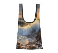 AABSTBFM Rocky Wave Sunset Painting Printed Foldable Shopping Bag- Reusable Waterproof Grocery Bag Large Tote Bag Shopper Handbag Beach Bag