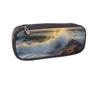 AABSTBFM Rocky Wave Sunset Painting Printed Leather Pencil Case - Multi-Purpose Pen Bag and Makeup Pouch for School, Office, and Travel