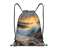AABSTBFM Rocky Wave Sunset Painting Printed Lightweight Drawstring Backpack | M - String Backpack Bags For Gym, Travel, Shopping, School