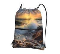 AABSTBFM Rocky Wave Sunset Painting Printed Outdoor Drawstring Backpack Lightweight String Backpack Bags for Sports, Gym, Travel, Shopping, School