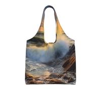 AABSTBFM Rocky Wave Sunset Painting Printed Womens Tote Bags Shopping Bags, Reusable Canvas Shoulder Grocery Bags Shopper Handbag Toy Bag for Work School Travel Beach