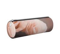 AABSTBFM Rose Color Blush and Black Printed Round Pencil Case Cute Leather Silver Zipper Pen Pencil Pouch Bag for School, Office, and Travel