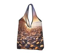 AABSTBFM Sun The Beach with Pebbles Printed Foldable Shopping Bag 1 PCS, Reusable Waterproof Grocery Bag Large Tote Bag, Shopper Handbag, And Beach Bag