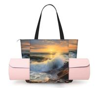 AABSTBFM Sun The Beach with Pebbles Printed Yoga Bag for Women, Large Tote with Yoga Mat Holder Pocket, Foldable Polyester Gym Bag, Lightweight Travel Shoulder Bag for Workout Beach Office
