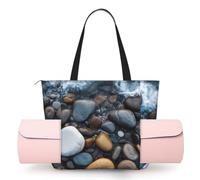 AABSTBFM Sun The Beach with Pebbles Printed Yoga Bag for Women, Large Tote with Yoga Mat Holder Pocket, Foldable Polyester Gym Bag, Lightweight Travel Shoulder Bag for Workout Beach Office