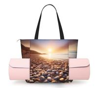 AABSTBFM Sun The Beach with Pebbles Printed Yoga Bag for Women, Large Tote with Yoga Mat Holder Pocket, Foldable Polyester Gym Bag, Lightweight Travel Shoulder Bag for Workout Beach Office