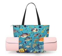 AABSTBFM Sun The Beach with Pebbles Printed Yoga Bag for Women, Large Tote with Yoga Mat Holder Pocket, Foldable Polyester Gym Bag, Lightweight Travel Shoulder Bag for Workout Beach Office