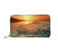 AABSTBFM The Beach Sunset Printed Leather Wallet for Women Men Zipper Purse Clutch Bag Long Wallet Card Holder
